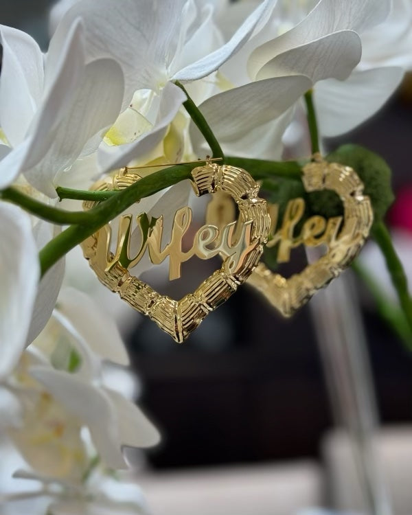 'Wifey' Gold plated heart bamboo earrings