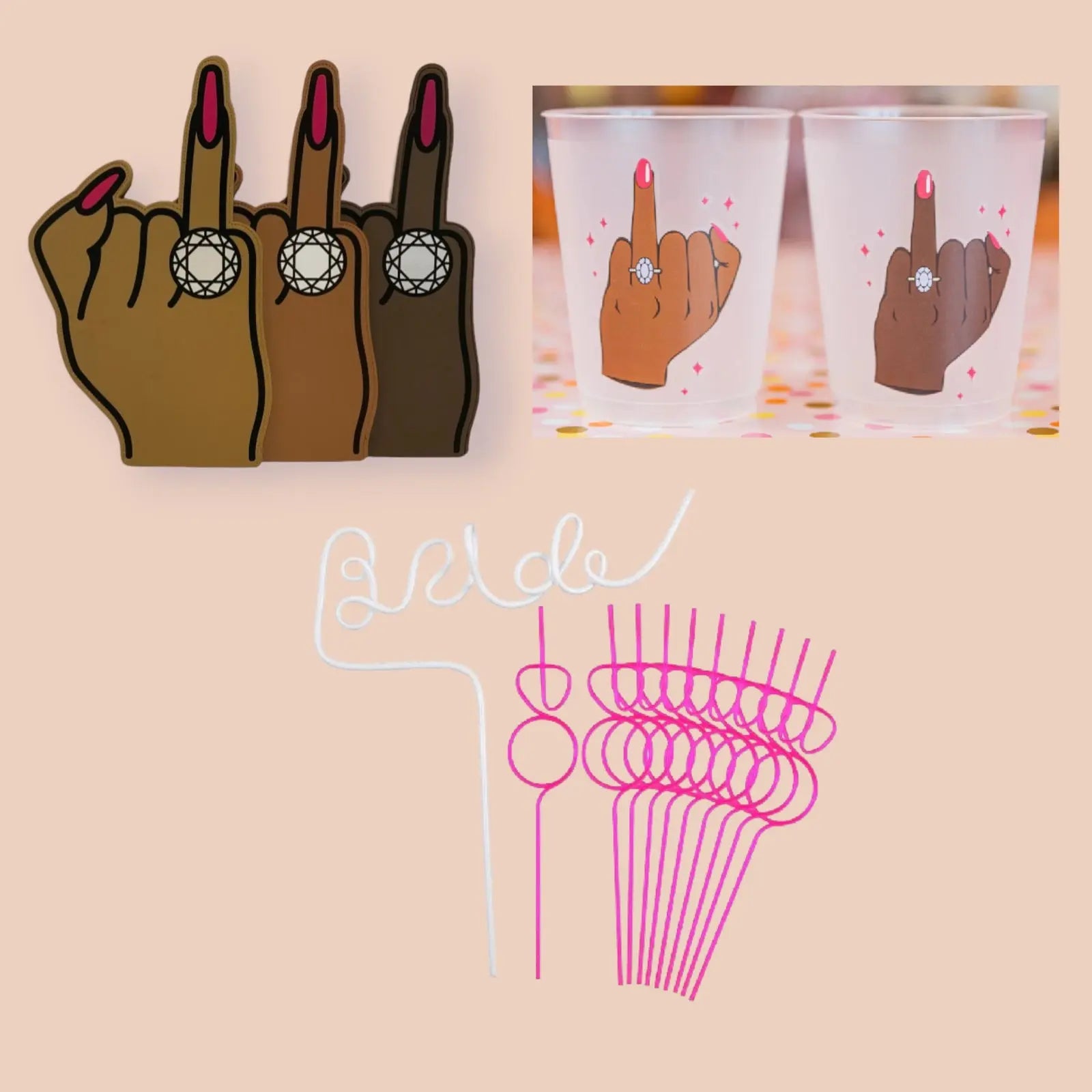 Foam fingers, party cups and bachelorette straws included in the bundle